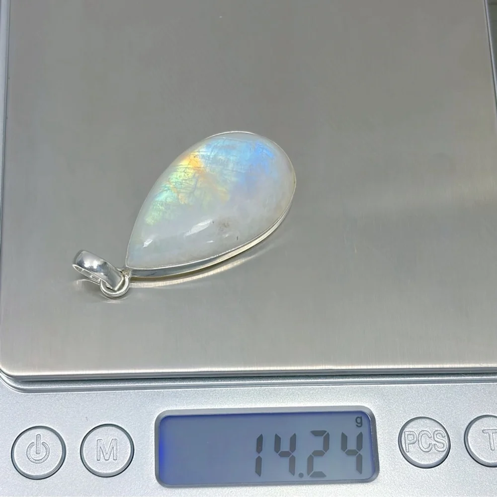 Large Pure Sterling Silver 925 Rainbow Moonstone Pendant Necklace Boho New